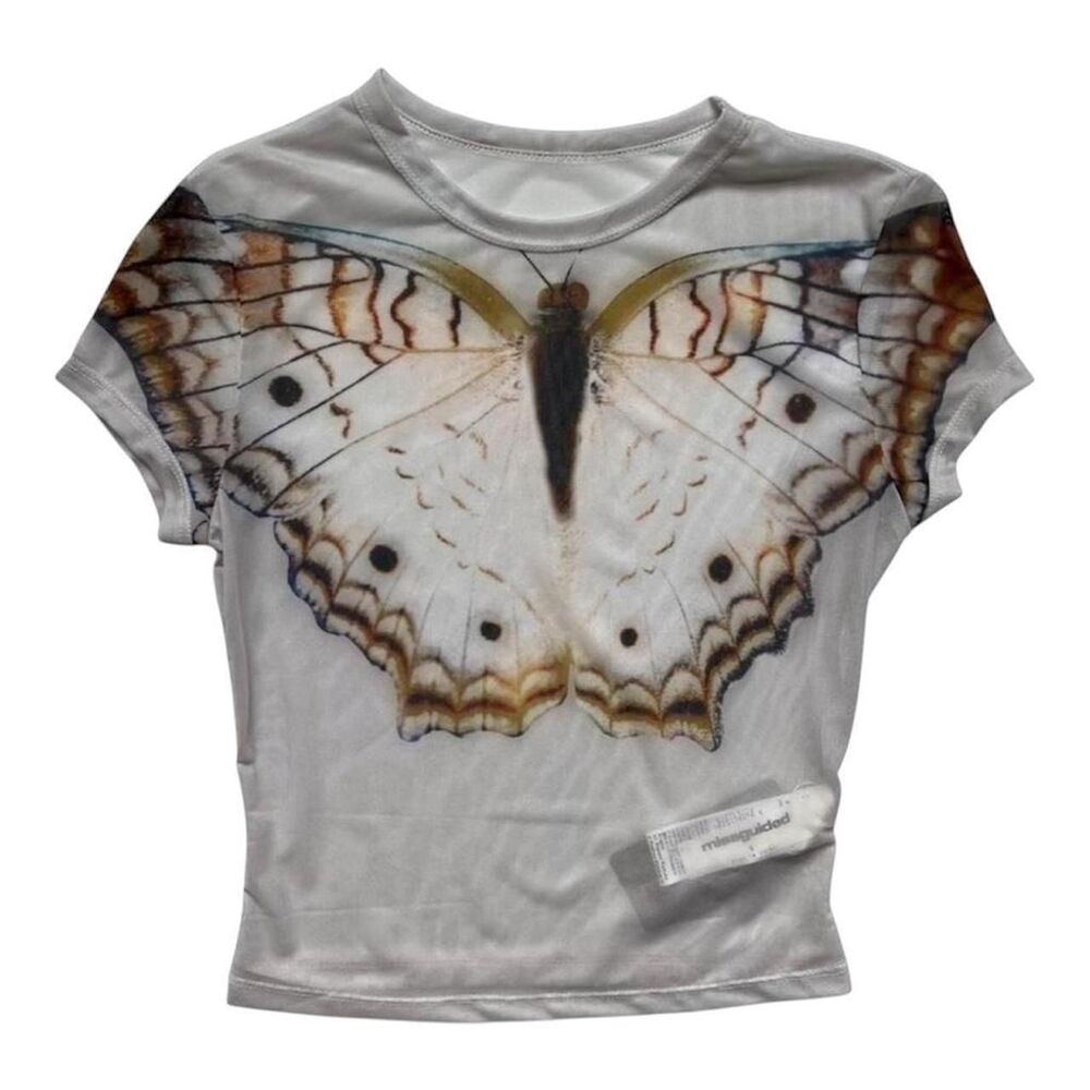 White Crop Top Butterfly Graphic Women's Small